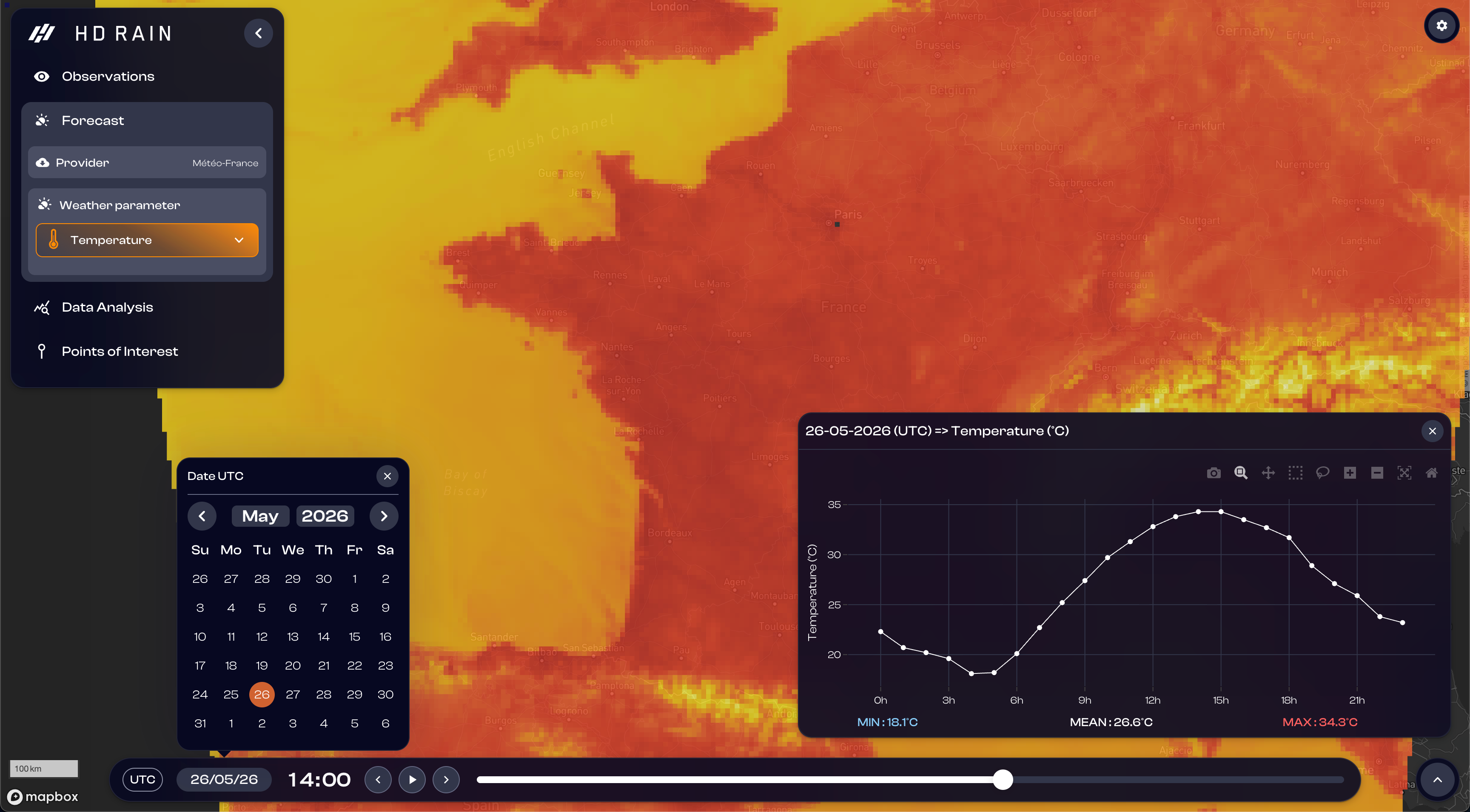 Capture d'écran de Weather View v2, carte de température du modèle MF AROME. En bas à droite de l'écran, le graphique affiche la timeseries pour un pixel près de Paris.